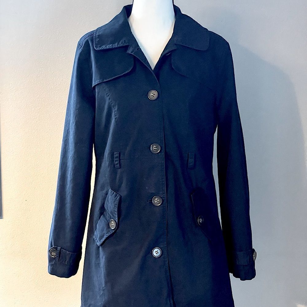 New! Love Tree Dark Navy Button Detail Trench Coat. Size Medium.